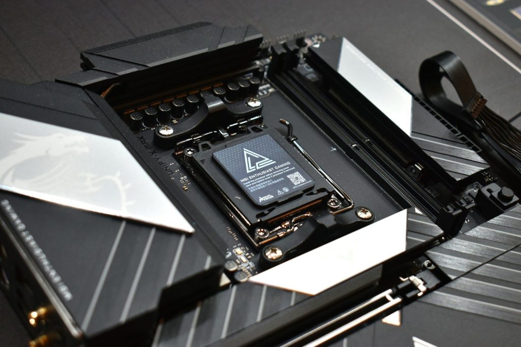 Close-up of a computer motherboard cpu socket