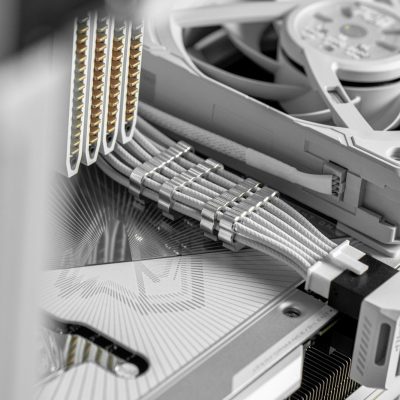 White computer cables and fan detail